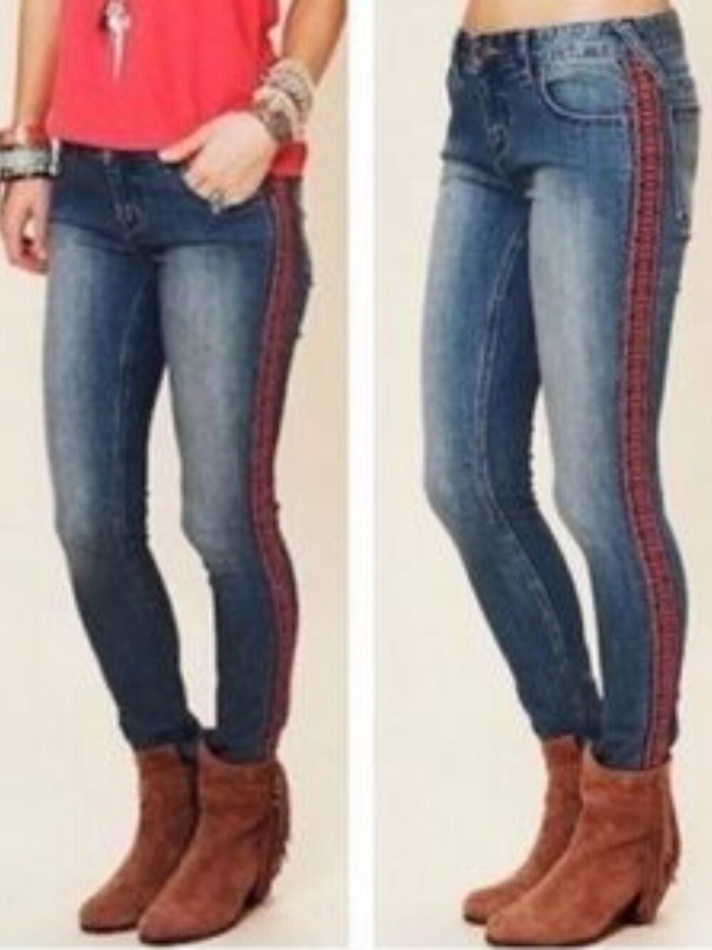 Free People Aztec Trim Skinny Jean Size 26